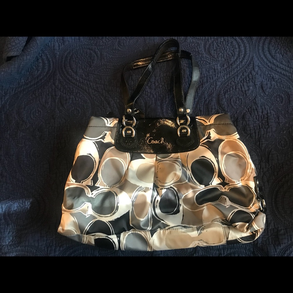 Coach signature ivory black grey satin handbag
